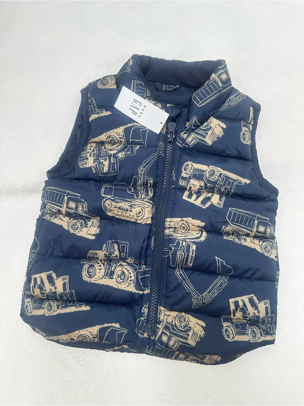 GAP Navy Puffer Vest with Tan Construction Print NWT 12-18 mo